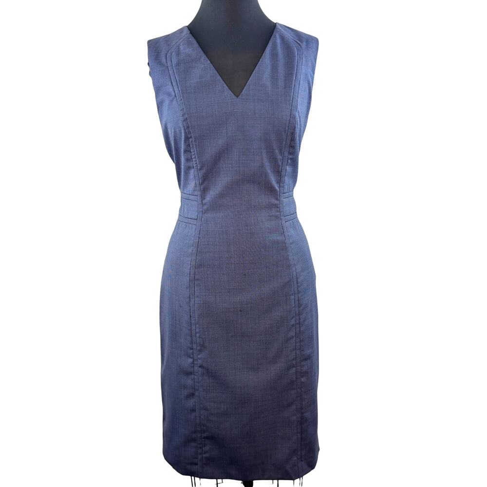 Hugo Boss Navy Blue Sheath Dress Wool V-Neck Sleeveless Casual Back Zip Size 6